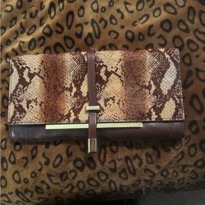 Vince Camuto Brown Faux Snakeskin Fold-Over Clutch with Gold Accents